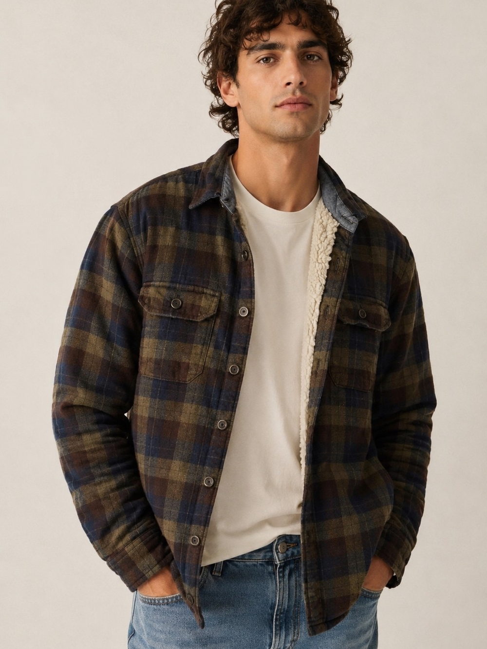 Tailor Vintage Men's sherpa-lined flannel shirt jacket Green/brown Fall outdoor